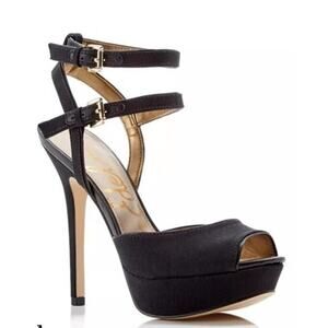 Sam Edelman 8.5 Nadine Heels Black Glitz Open Toe Platform Shoes Stiletto .